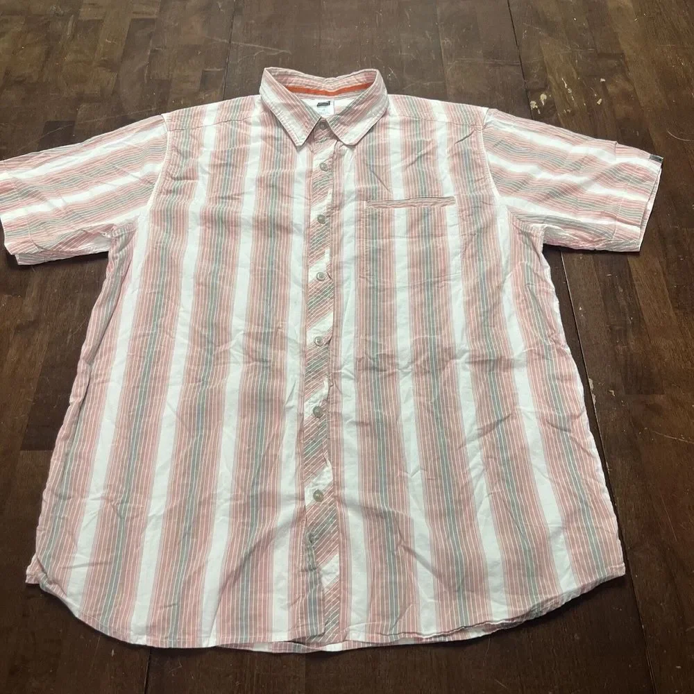 North Face Mens L Button Preppy Stripe Shirt Pink‎ Short Sleeve Hiking Camping